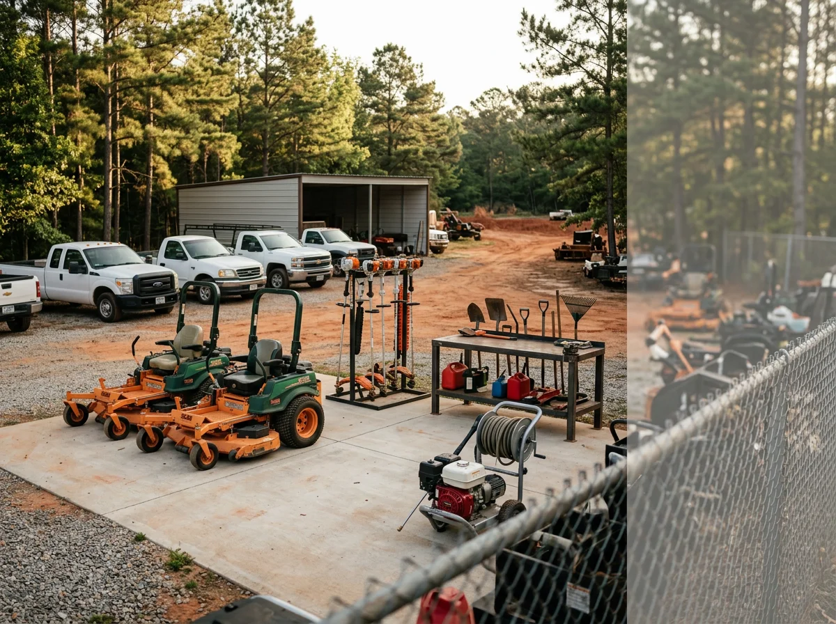 Landscape crew with tools and equipment ready for outdoor service work.