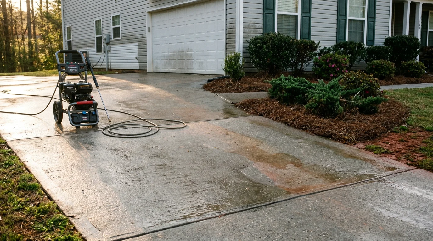 Clean driveway and gutter after professional pressure washing