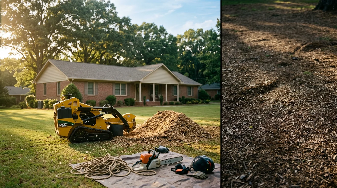 Professional tree removal equipment and cleared yard space