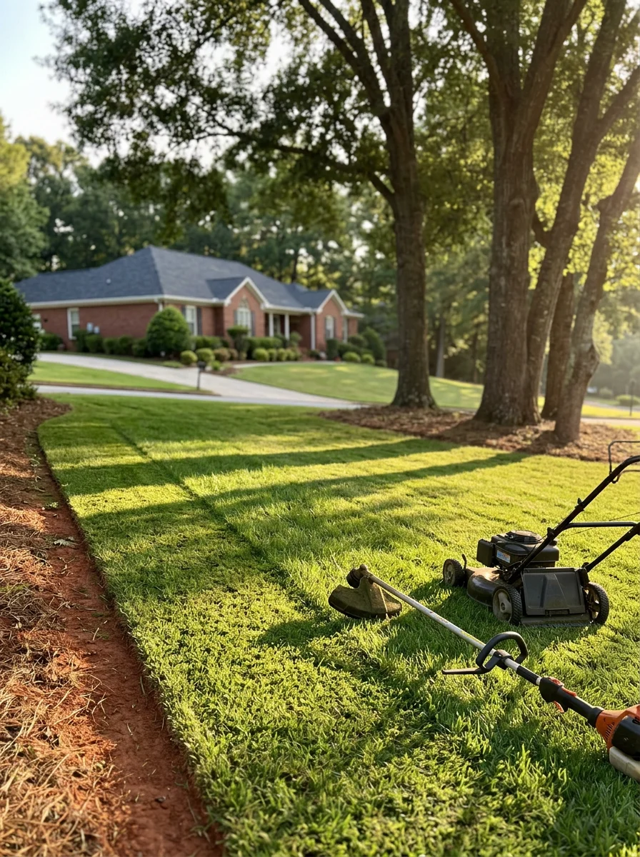 A lawn maintenance crew edging and mowing a residential yard in a Dallas, Georgia subdivision, with a sloped lot and mature trees along the property line.