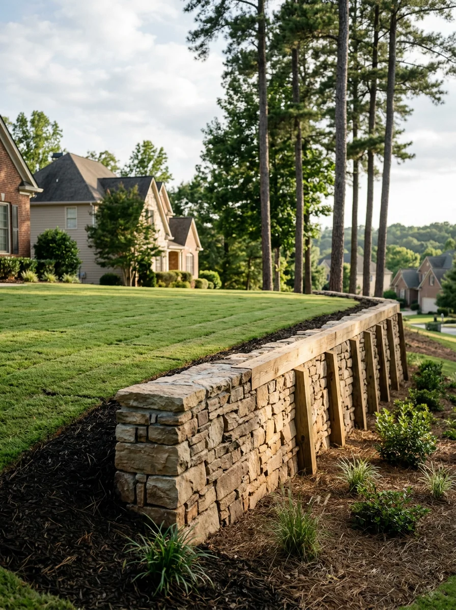 A freshly installed retaining wall on a sloped residential lot in Douglasville, Georgia, with new turf planted on the leveled upper yard.