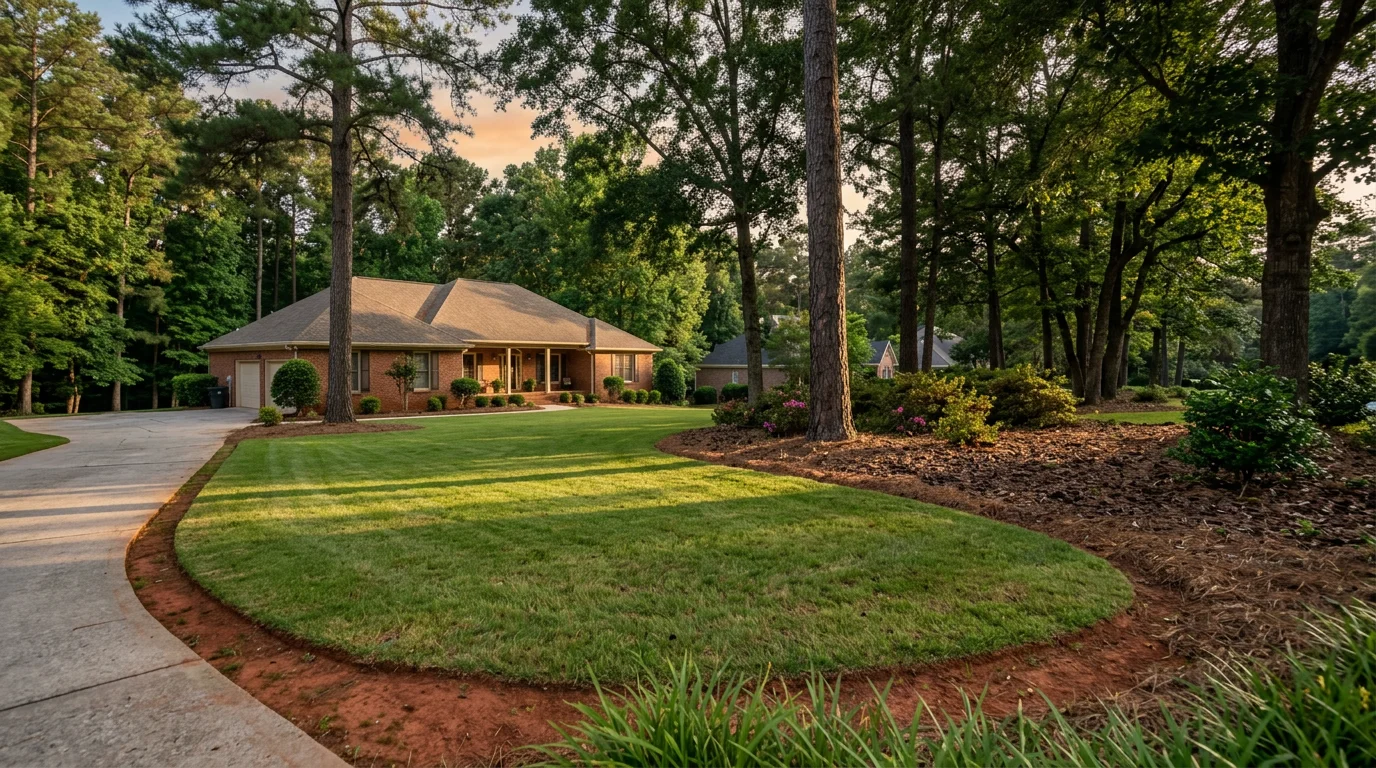 A landscaping crew edging and maintaining a residential lawn in a Douglasville, GA subdivision, with red clay soil visible along the yard border.