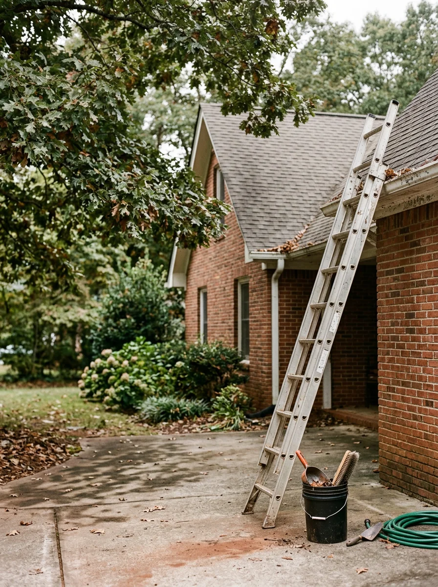 A technician cleaning gutters on an older Fairburn, Georgia home with mature trees overhead and a concrete driveway below.