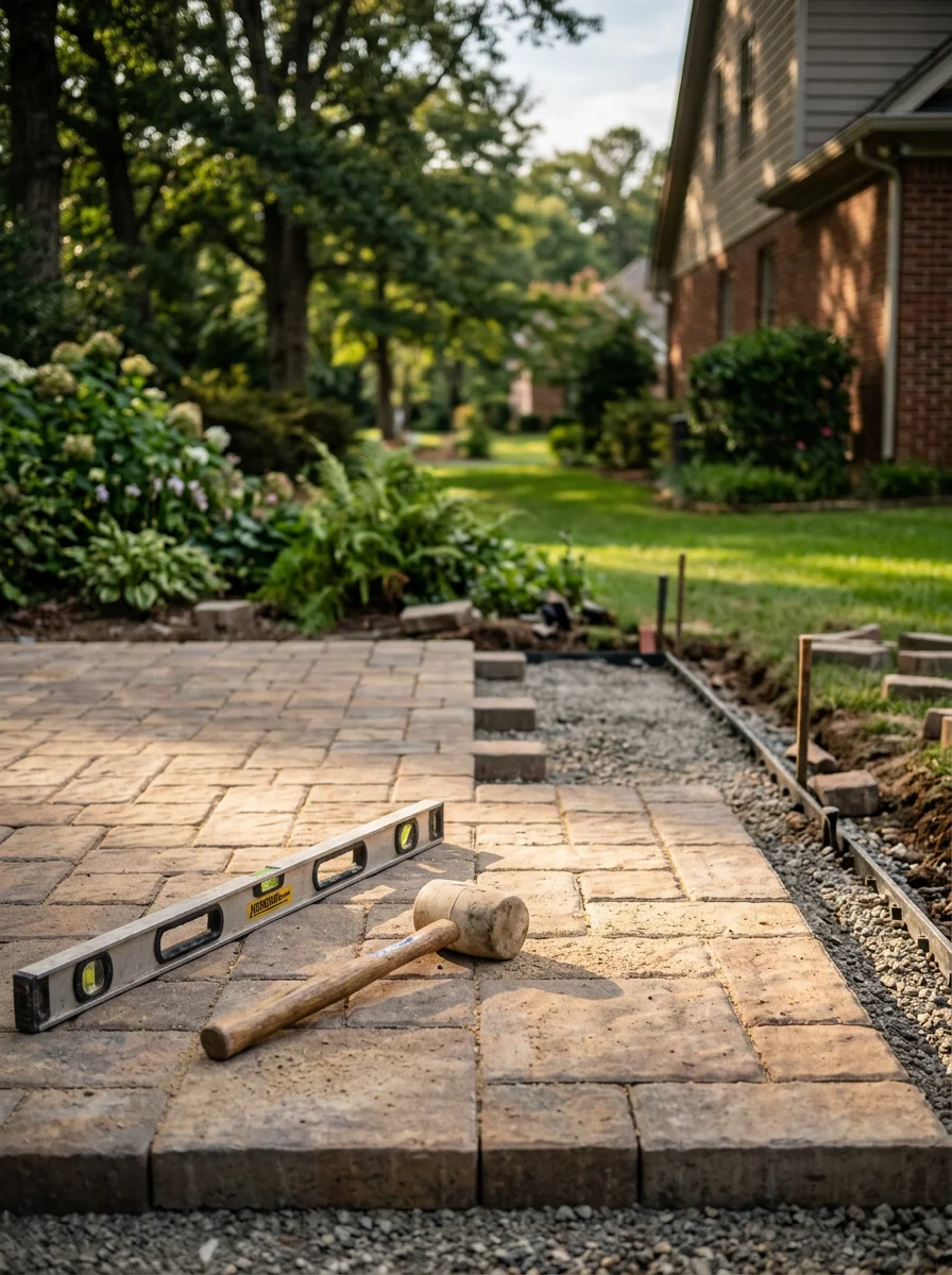 A hardscaped patio installation in progress on a Fayetteville, Georgia residential property, with pavers being set on a large lot with established landscaping.