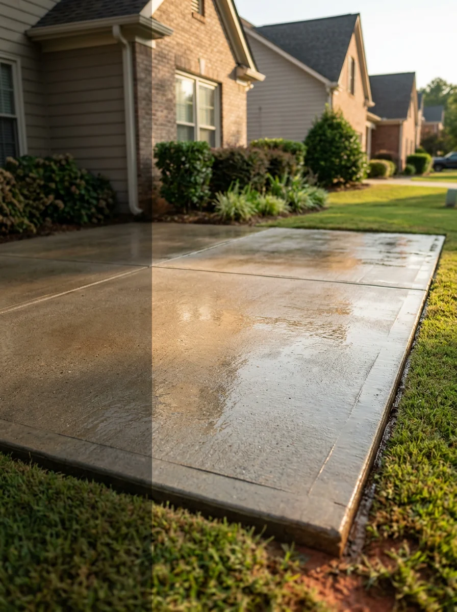 A freshly pressure-washed concrete patio on a residential property in Mableton, Georgia, with clean edges and surrounding lawn maintenance visible.
