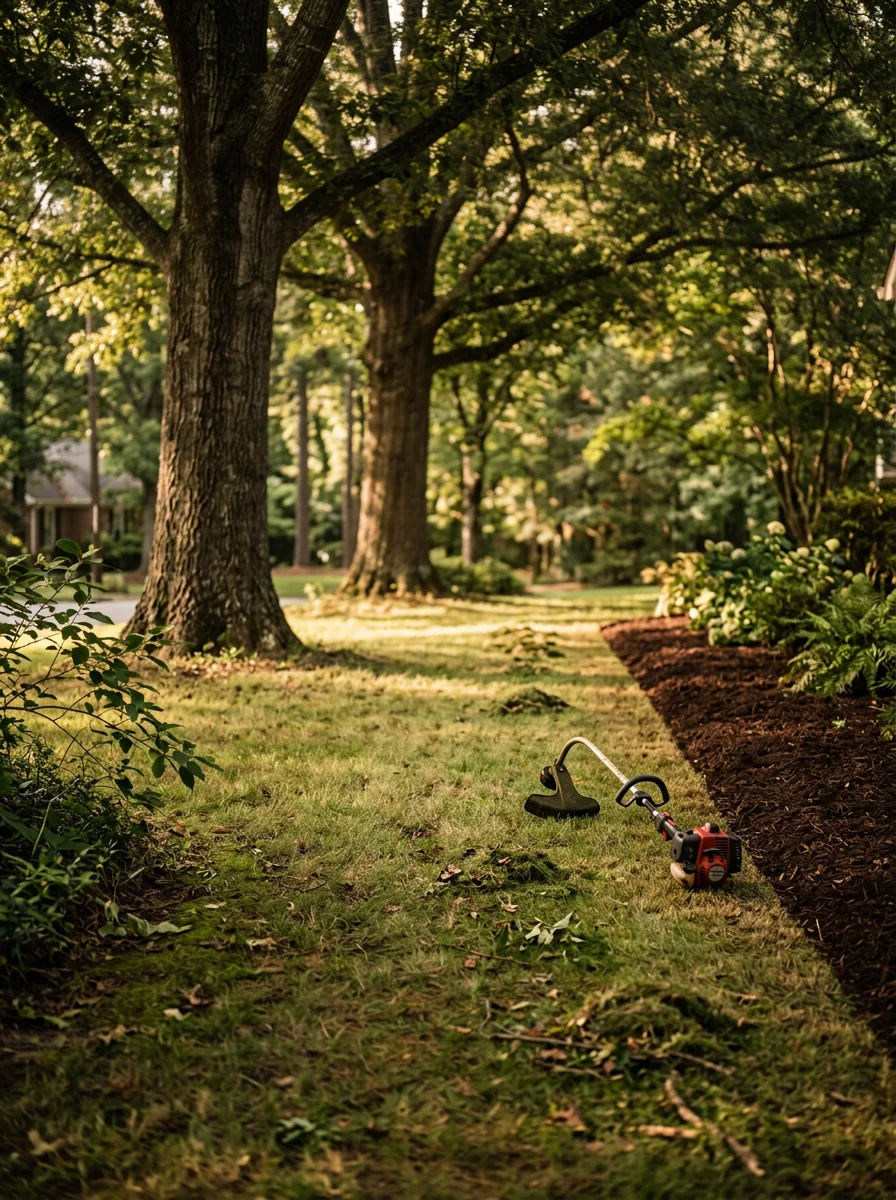 A shaded residential lawn in Powder Springs, Georgia, with thin turf under large oak trees and a landscaping crew working along the bed edge.