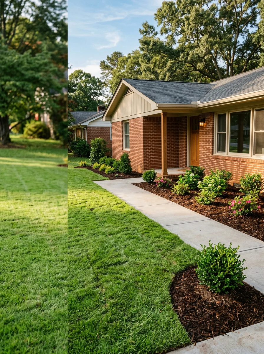 A freshly landscaped front yard in a South Fulton, Georgia subdivision, with new turf, planted beds, and a concrete walkway leading to the front door.