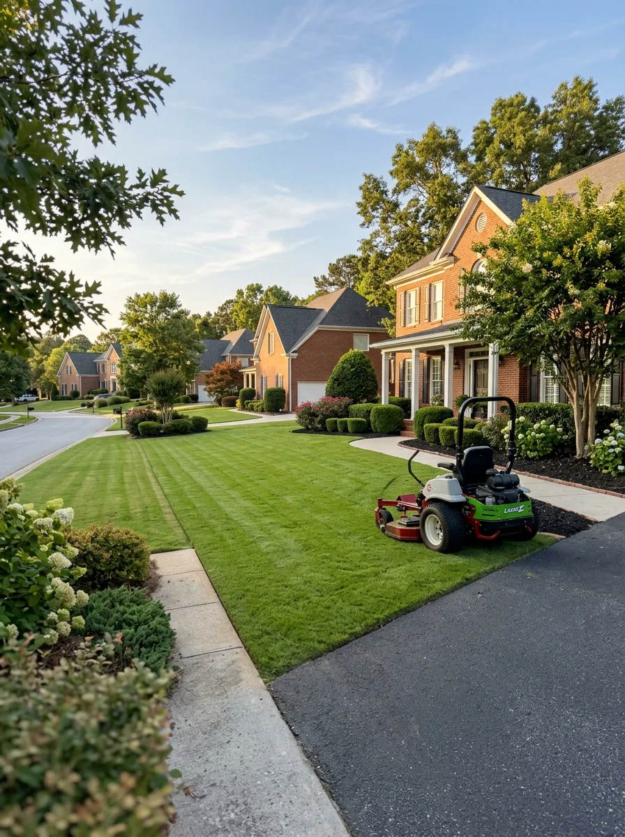 A lawn maintenance crew mowing and edging a well-kept residential yard in a Villa Rica, Georgia planned community, with neighboring homes visible along the street.