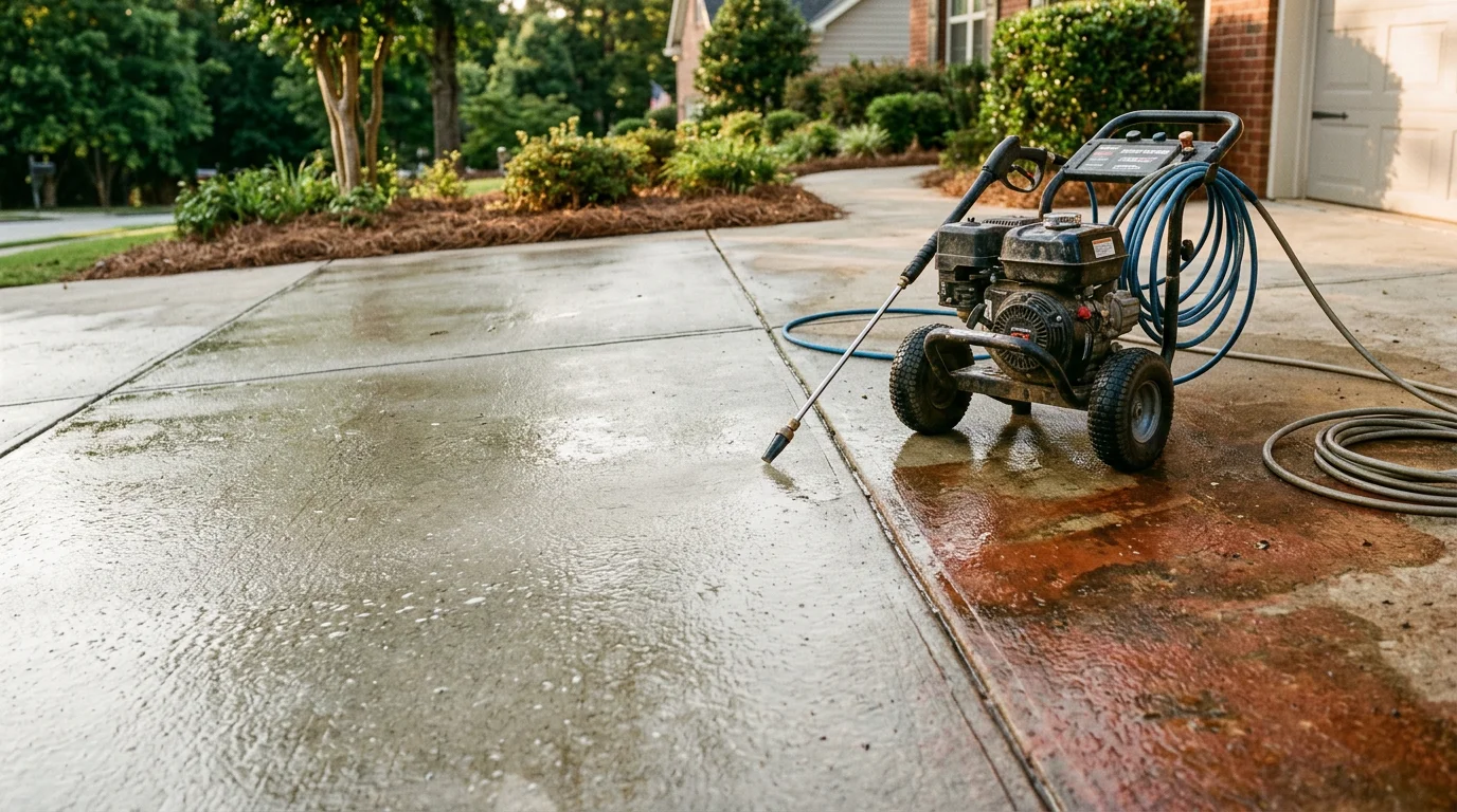 A concrete walkway and garage apron at a Douglasville home after professional cleaning, showing bright, stain-free slabs with red clay and mold residue fully removed. The cleaned surface contrasts with the surrounding Georgia red clay soil and landscaping.