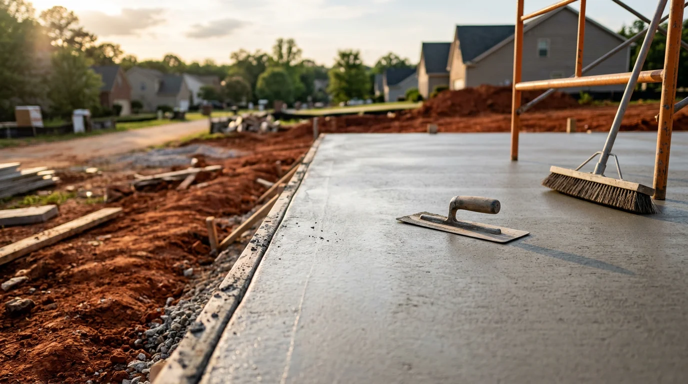 A freshly finished concrete walkway with a smooth troweled surface outside a residential home in Douglasville, Georgia. The slab edges are clean and the surface texture is even, ready for foot traffic.
