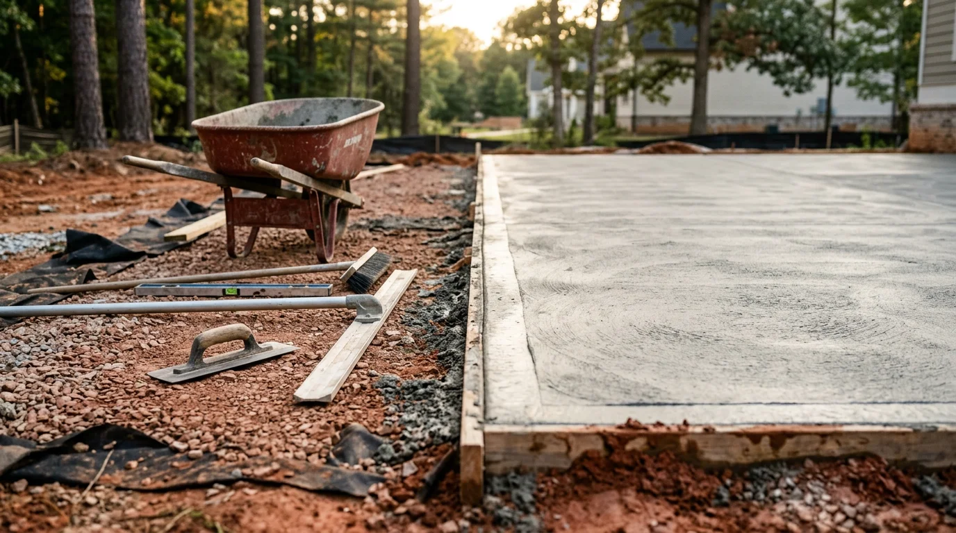 Freshly poured and finished concrete surface installed by Rosee AP Landscape LLC at a residential property in Douglasville, Georgia. The slab shows clean edges and a smooth finish against a typical Douglas County yard.