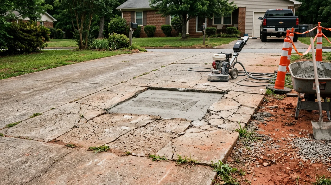 Repaired concrete driveway surface in a Douglasville, Georgia residential neighborhood, showing a smooth, crack-free slab alongside an older unrepaired section. Close-up view highlights the contrast between damaged and restored concrete on a typical Douglas County property.
