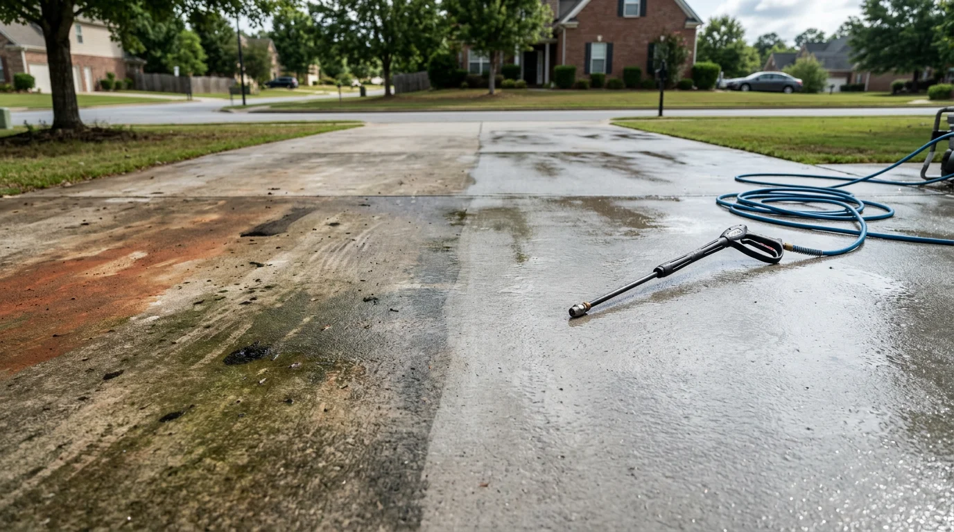 A residential concrete driveway in Douglasville, Georgia after professional pressure washing, showing clean, stain-free surface with no visible algae, red clay, or oil marks. The driveway leads to a single-family home with green landscaping along the edges.
