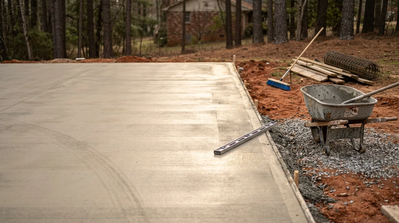 A freshly installed concrete driveway in front of a residential home in Douglasville, Georgia, with clean formed edges and a smooth surface leading to the garage. The surrounding yard shows graded soil and proper slope away from the slab.