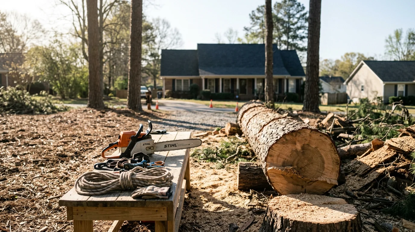 A large storm-damaged tree lying across the roof of a residential home in Douglasville, Georgia, with a tree service crew preparing to remove it. Debris and broken branches are visible in the yard surrounding the property.