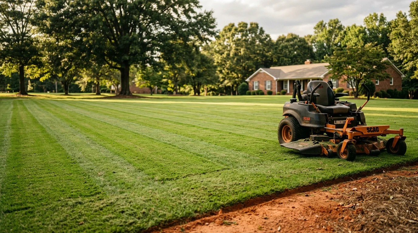 A neatly cut residential lawn in Douglasville, Georgia, with uniform grass height and clean lines across the front yard. A family owned lawn care crew from Rosee AP Landscape LLC completes a grass cutting service on a warm Georgia afternoon.