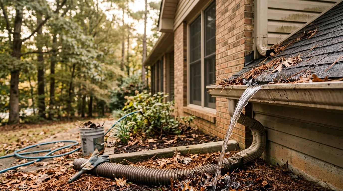 A gutter on a Douglasville home packed with wet leaves and pine needles being cleared by a professional. The cleaned section shows an open, debris-free channel ready to drain rainwater properly.