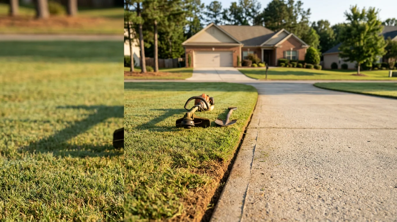 A Douglasville residential lawn with a sharp, clean edge cut along a concrete driveway, showing a clear separation between green Bermuda grass and the pavement. The border runs straight from the street to the garage, with no grass overhang onto the concrete surface.