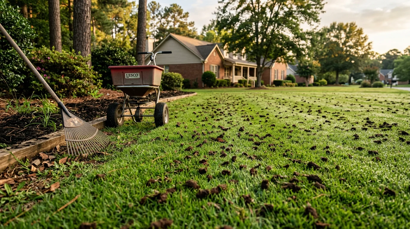 A well-maintained residential lawn in Douglasville, Georgia showing dense green turf with clean bed edges and no visible weed growth. A lawn care professional from Rosee AP Landscape LLC tends to the yard on a clear Georgia summer day.