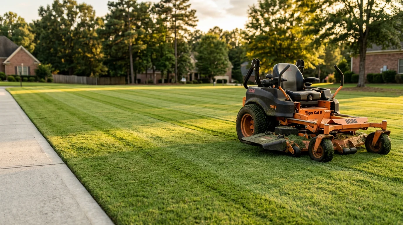 A freshly mowed residential lawn in Douglasville, Georgia with clean, even grass lines and clippings cleared from the surrounding driveway and walkway. The yard shows dense, well-cut warm-season grass typical of Douglas County properties.