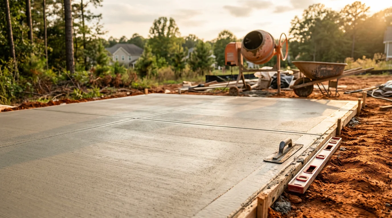 A freshly poured concrete patio behind a residential home in Douglasville, Georgia, with a smooth finish and clean edges ready for outdoor furniture. The backyard setting shows a level slab graded away from the home's foundation.