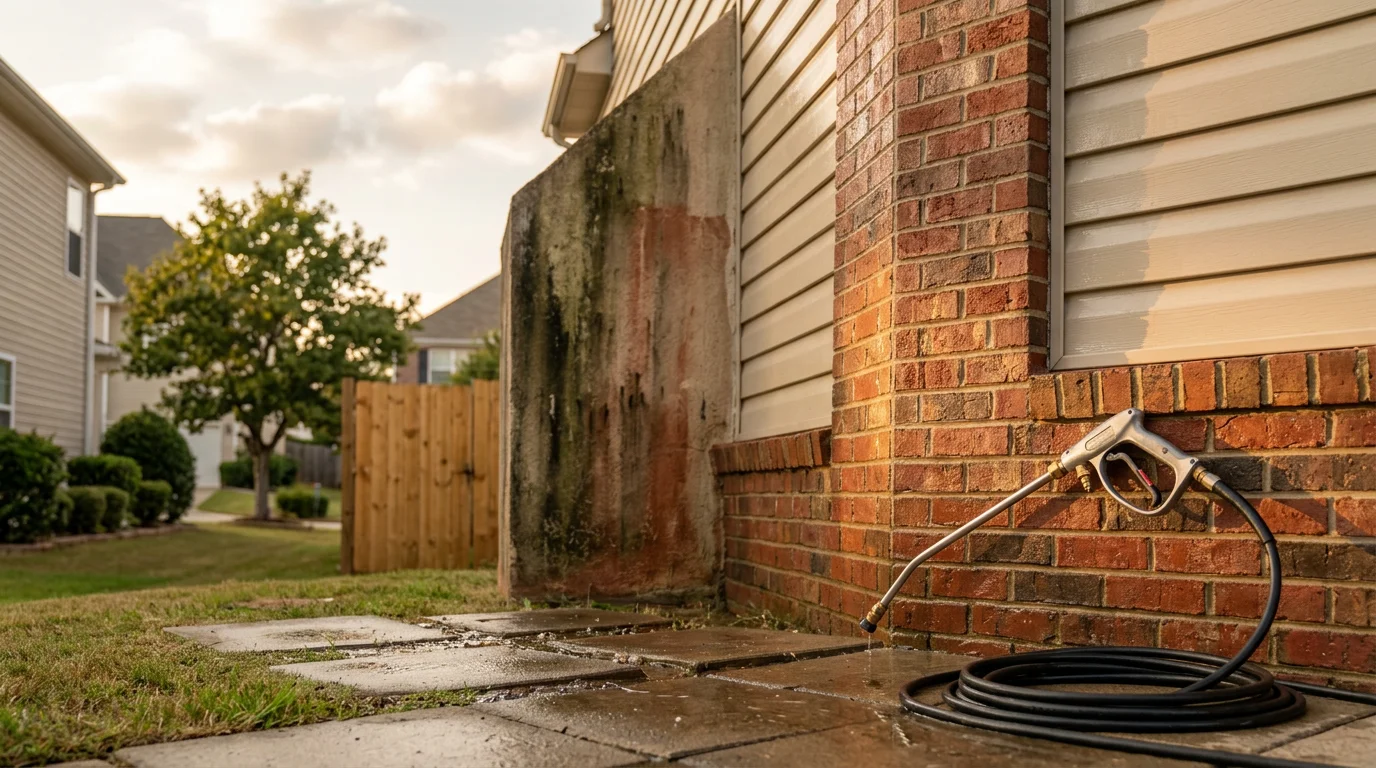 A Douglasville home exterior after professional pressure washing, showing clean siding free of green algae streaks and pollen buildup. The walkway and front steps are visibly clear of dirt and discoloration.