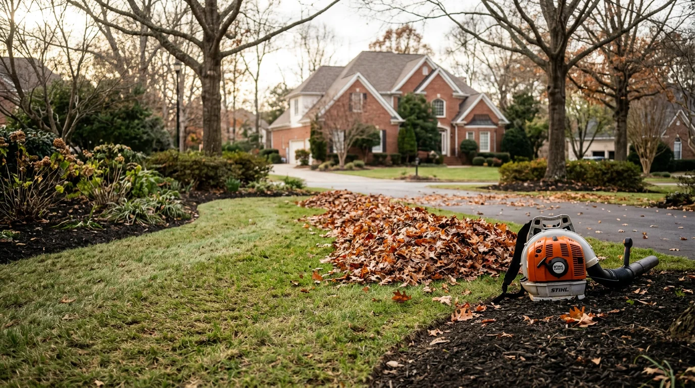 A Douglasville residential yard after seasonal lawn cleanup, with cleared turf, raked planting beds, and debris-free walkways. Lawn areas are clean and open following fall leaf removal by Rosee AP Landscape LLC.