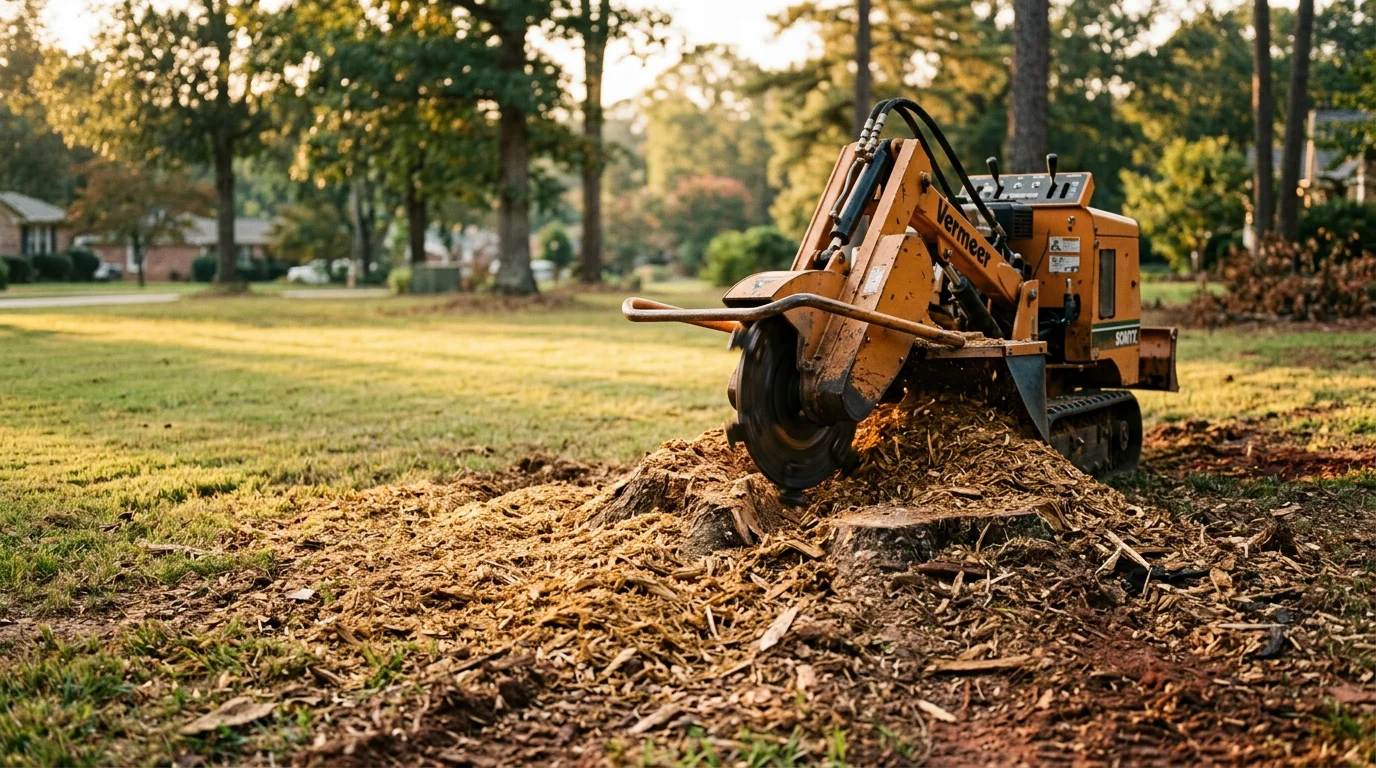 A freshly ground tree stump in a Douglasville residential backyard, with wood chips filling the cavity and surrounding lawn visible. The area is level and clear, showing the result of professional stump grinding by Rosee AP Landscape LLC.