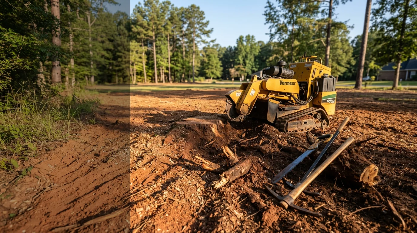 A freshly cleared yard in Douglasville, Georgia after full stump removal, showing level ground where a large tree stump once stood. The surrounding lawn and landscaping remain intact, with red Georgia clay soil visible at the extraction site.