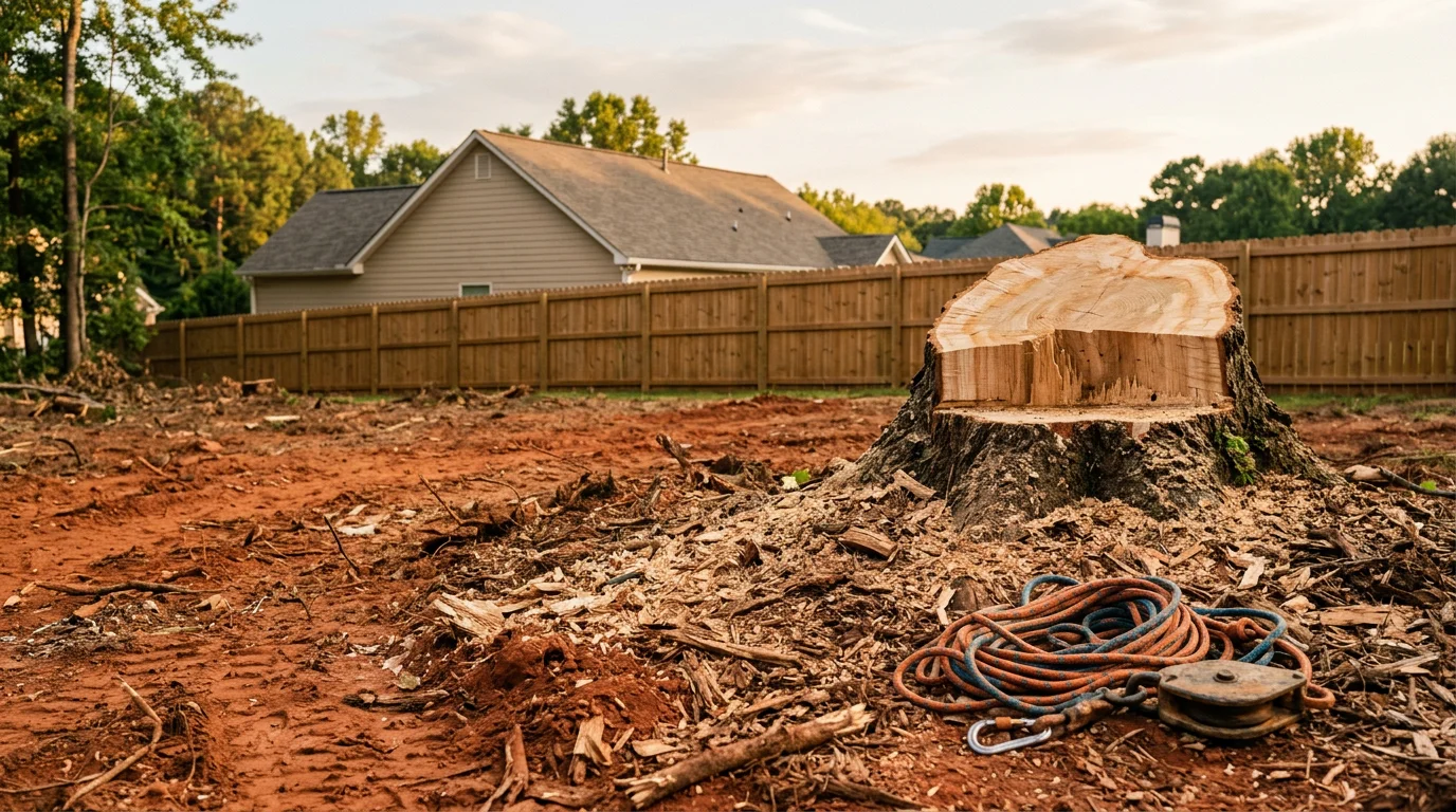 A large loblolly pine tree being removed in sections in a residential backyard in Douglasville, Georgia, with the surrounding fence and lawn protected during the process.