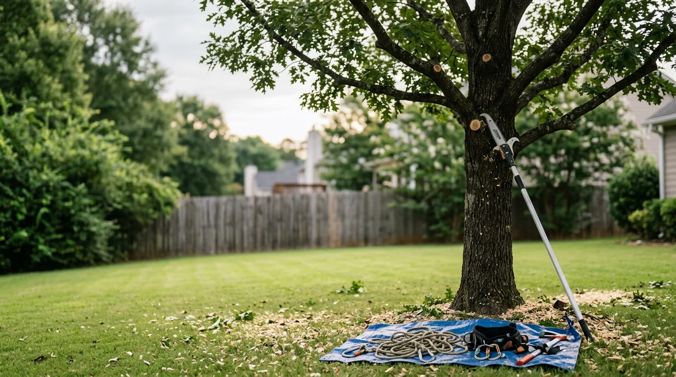 A tree service crew trimming tall loblolly pine branches overhanging a residential roofline in Douglasville, Georgia. Freshly cut limbs are visible on the ground beside a well-maintained suburban yard.